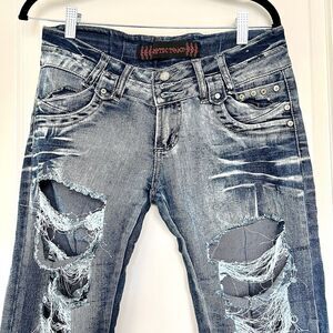 Erotic Touch Blue Jeans Size 9 / 10 28 Straight Embellished Distressed Torn